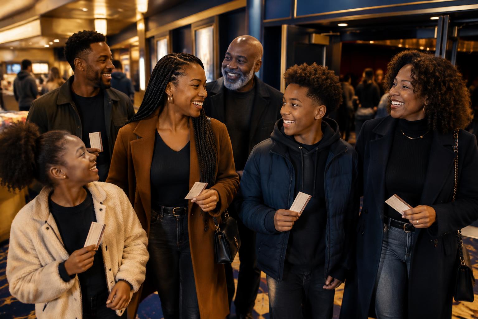Illustrative family and friends gathering for a movie night